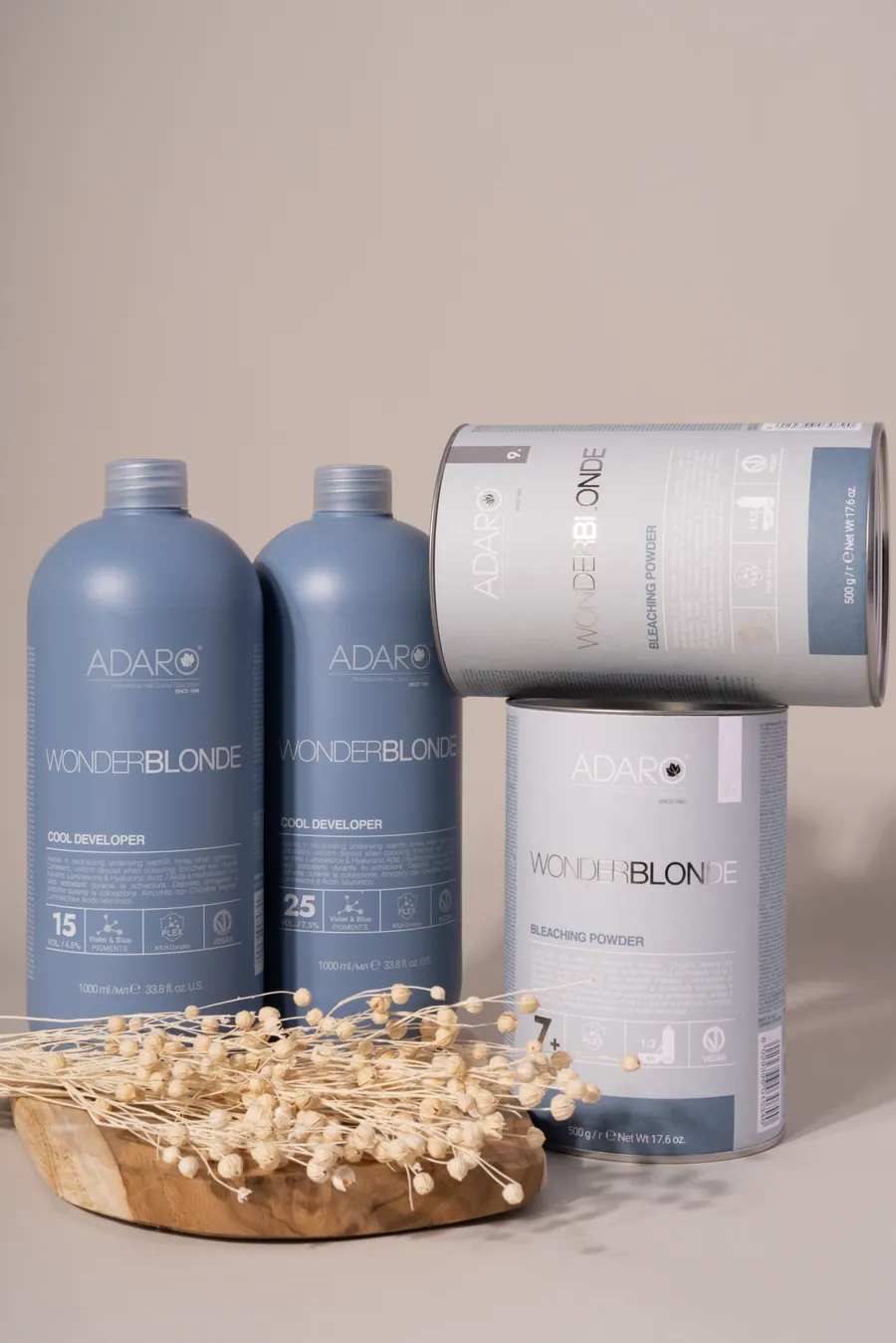 Adaró Wonderblonde bleaching powder tins and cool developers