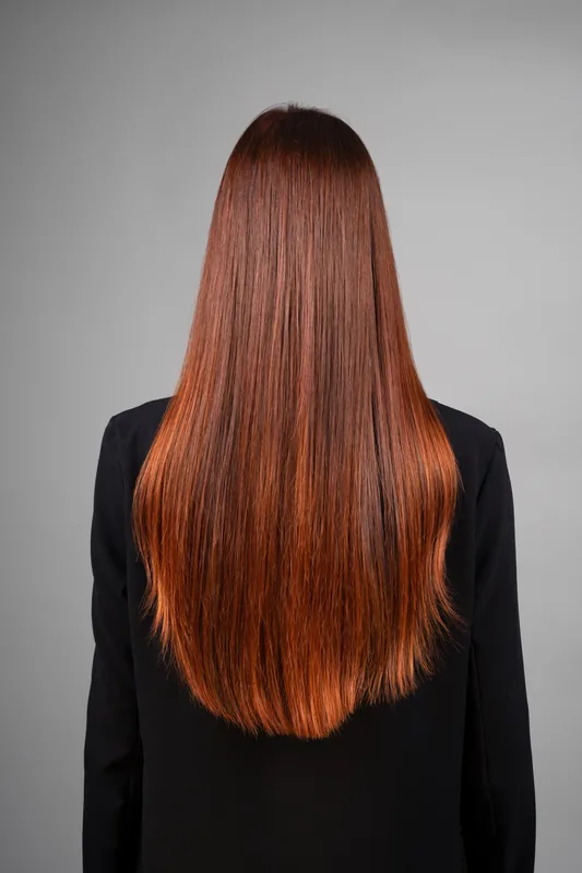 Long copper hair color, back view